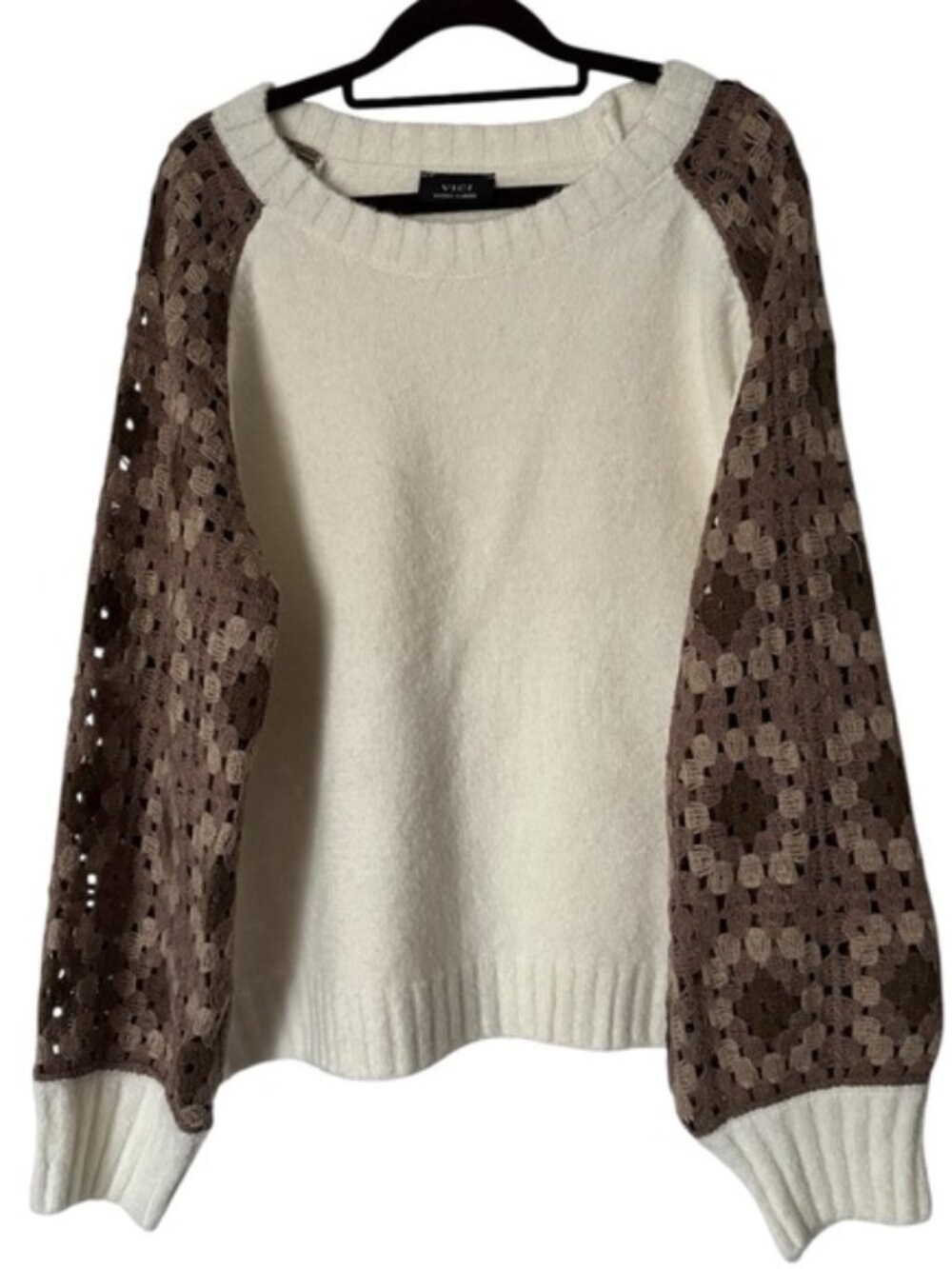 🤎NWOT VICI Women’s Cream Brown Crochet Granny Square Fall Oversized Sweater XL